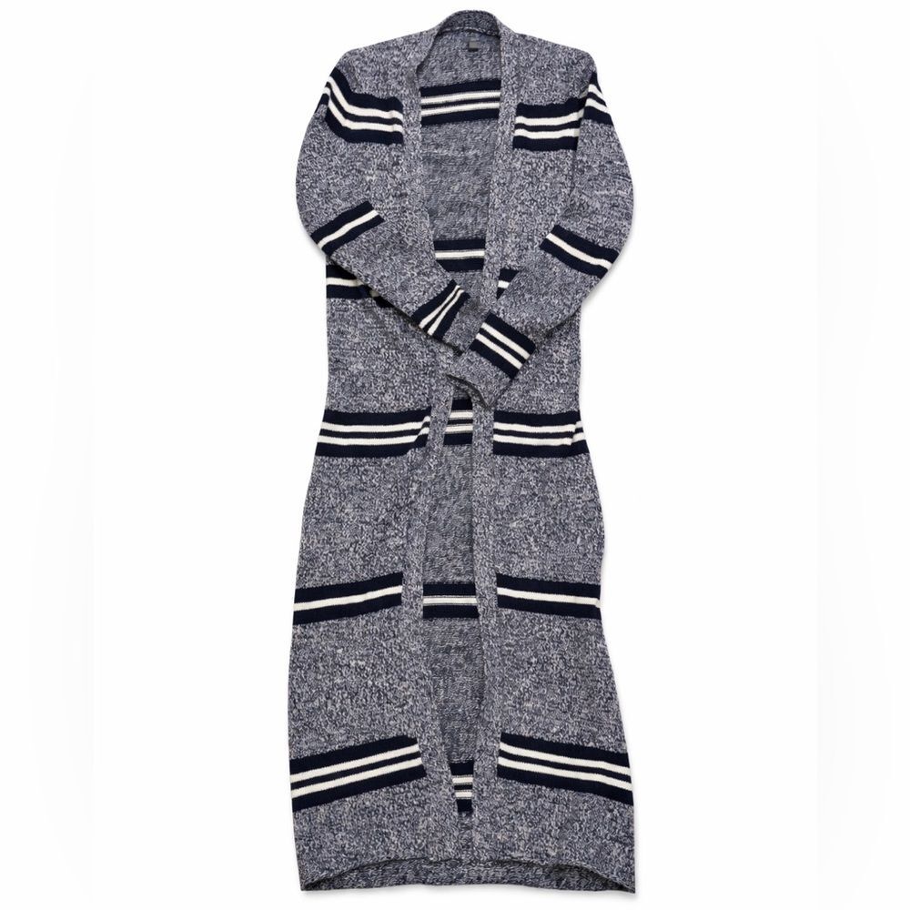 aerie Heathered Navy White Striped Duster Cardigan Lounge Open Front Knit XS